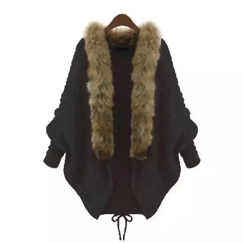 Women Cardigans Sweater Thick Poncho Capes 2024 Autumn Winter Femme knitted Bat Sleeve Fur Collar Sweater Knitted Long Cardigan