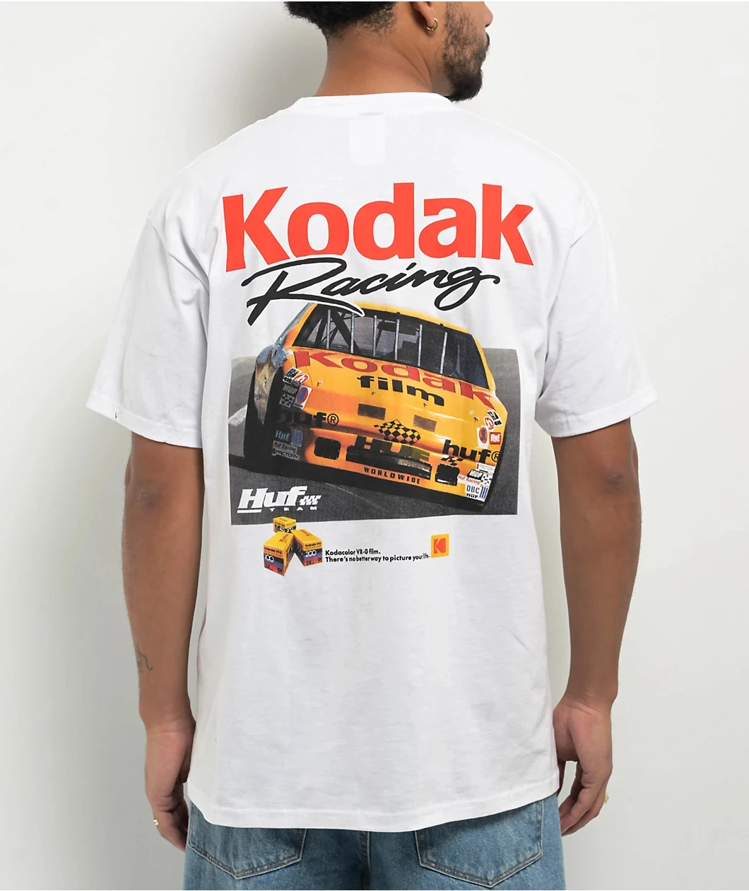 Camiseta Gráfica Vintage Nova Kodak Racing Huf Colaboração Nascar Carro de Corrida Algodão Macio Oversized Casual para Homens e Mulheres
