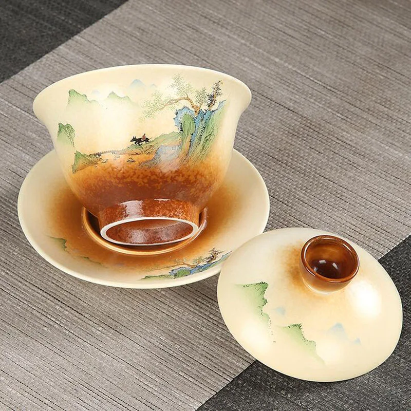 Hand-painted Tea Cup Kungfu Tea Tureen Retro Coarse Pottery Sancai Gaiwan Scenery Pattern Decorated Teaware Drinking Accessories