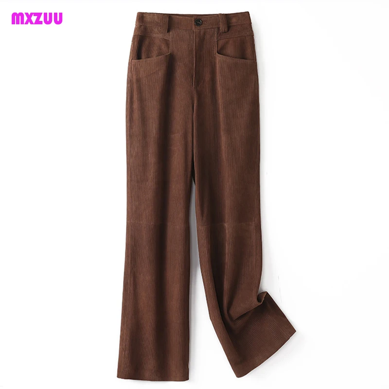 Women Genuine Sheepskin Pants Corduroy Vertical Stripe Embossed Suede Midi Waist Casual Slim Straight Long Trousers Daily Outfit