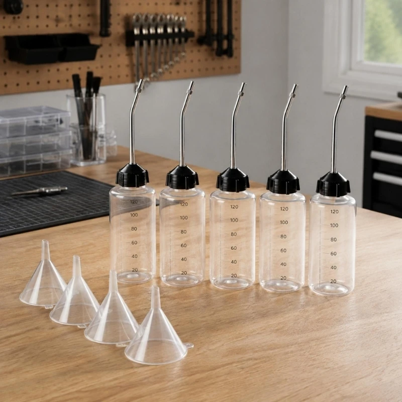 Targeted Oil Dispenser Bottle Set with Long Curved Stainless Steel Spouts, 5 Empty Bottles and Filling Aids for Sewing D2RC