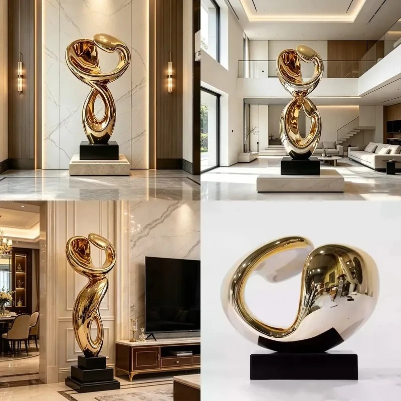 Custom Luxury Abstract Modern Gold Plated Stainless Steel Sculpture for Hotel Lobby Villa Decoration