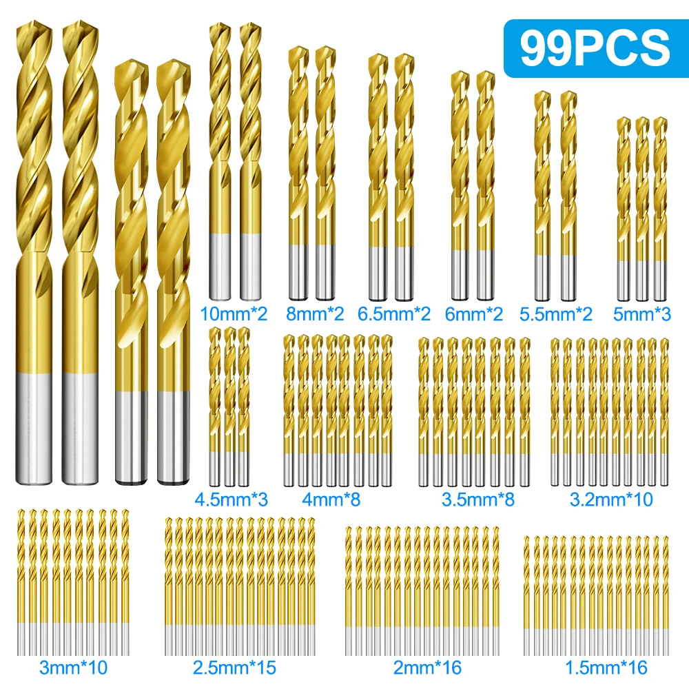 HSS Twist Drill Bit Set 99pcs Hole Cutter Drilling 1.5-10.0mm Titanium Coating Wood Metal Drilling Tools