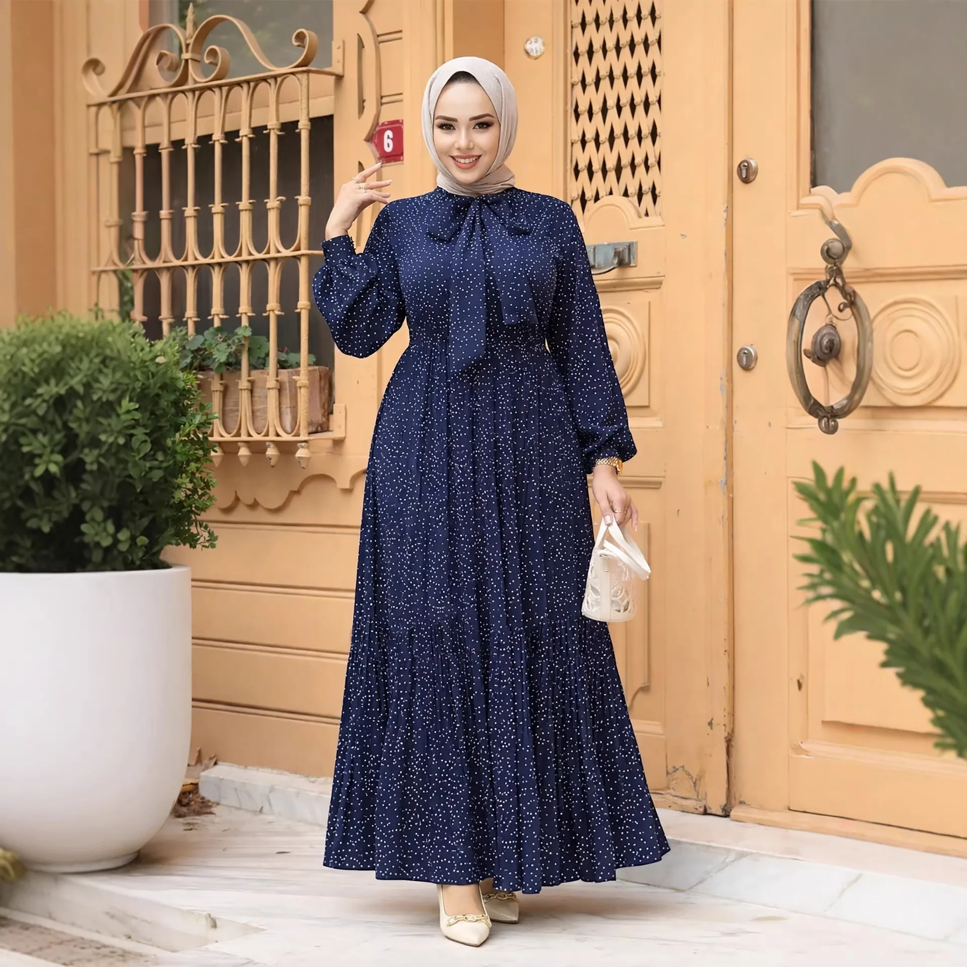 

Elegant Dubai Abaya Women Muslim Long Dress Polka Dot Jalabiya Femme Musulmane Vestidos Turkey Kaftan Eid Djellaba Caftan Robe