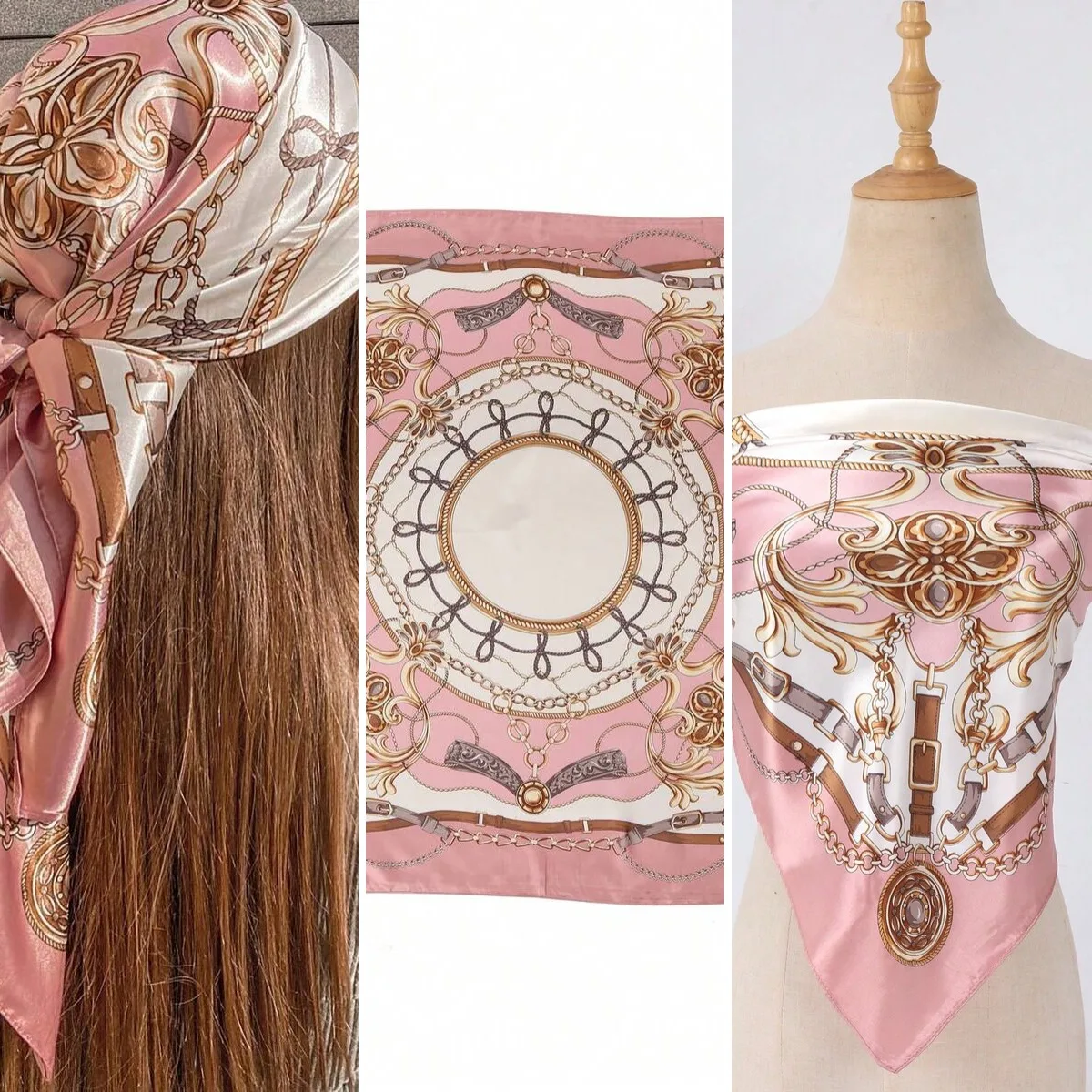 1pc Women's Light Pink Printed Satin Square Scarf, Fashionable Outdoor Headband Hair Scarf For Spring/Summer Season Bandana, Fre