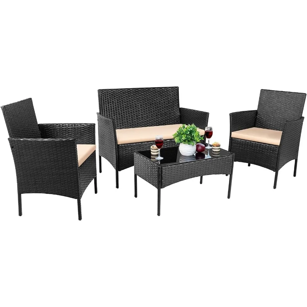 

4 Pieces Patio Porch Furniture Sets PE Rattan Wicker Chairs Beige Cushion with Table Outdoor Garden Patio Furniture Sets