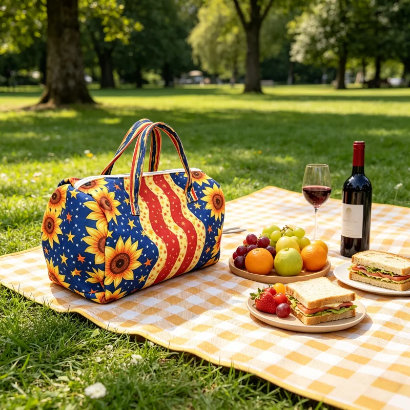 Sunflower American Flag Weekender Bag Set, 2Pcs Large Duffel Tote with Free Cosmetic Bag, Travel Overnight Bag for Women