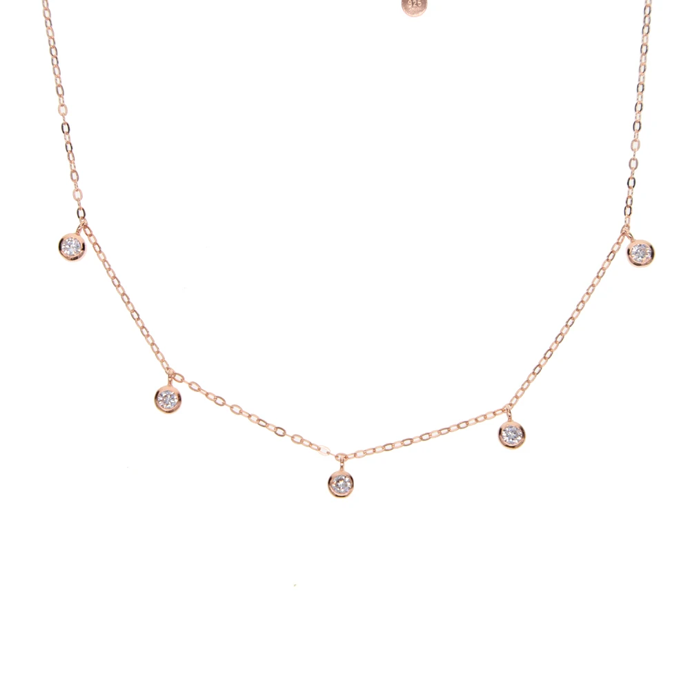 2017 high quality bezel 3mm cz charm drop 925 sterling silver 35+10cm extend chain choker silver charm necklace