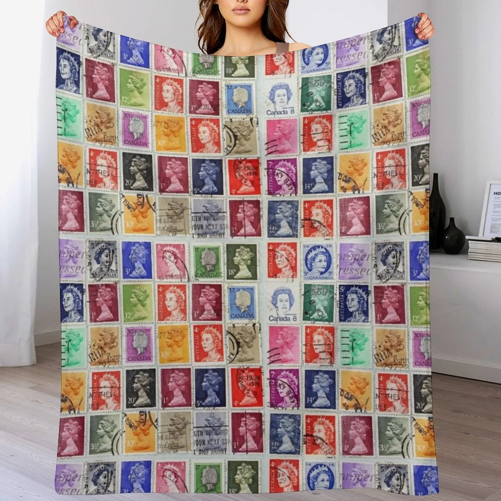 

Postage stamps of British Commonwealth with image of Her Majesty Queen Elizabeth. Throw Blanket Luxury Designer Retros Blankets