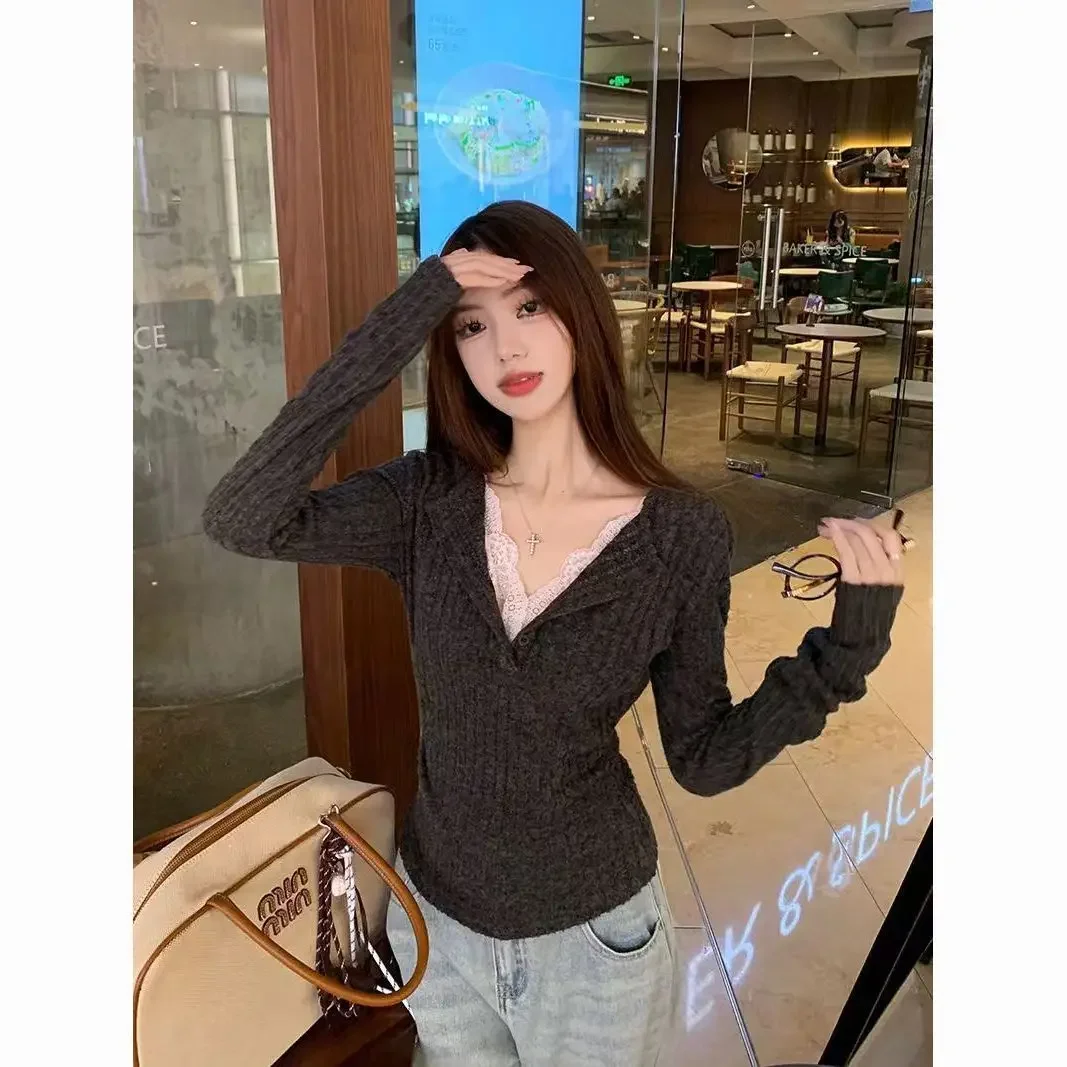 

Lace Patchwork Long Knitwear Women Spring Autumn New Collection Slim Fit Base Top
