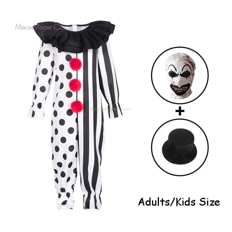 Halloween Adult Kids Clown Joker Cosplay Costume Set Outfits Black White Jumpsuit Art Horror Scary Masquerade Bodysuit Party Set