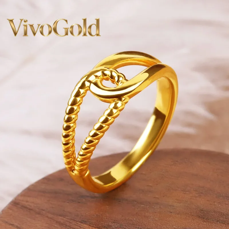 VivoGoldMahua Simple Personality 9999 24K Real Gold Couple Ring Fashion Mahua Wreath Interlocking Ring Gift