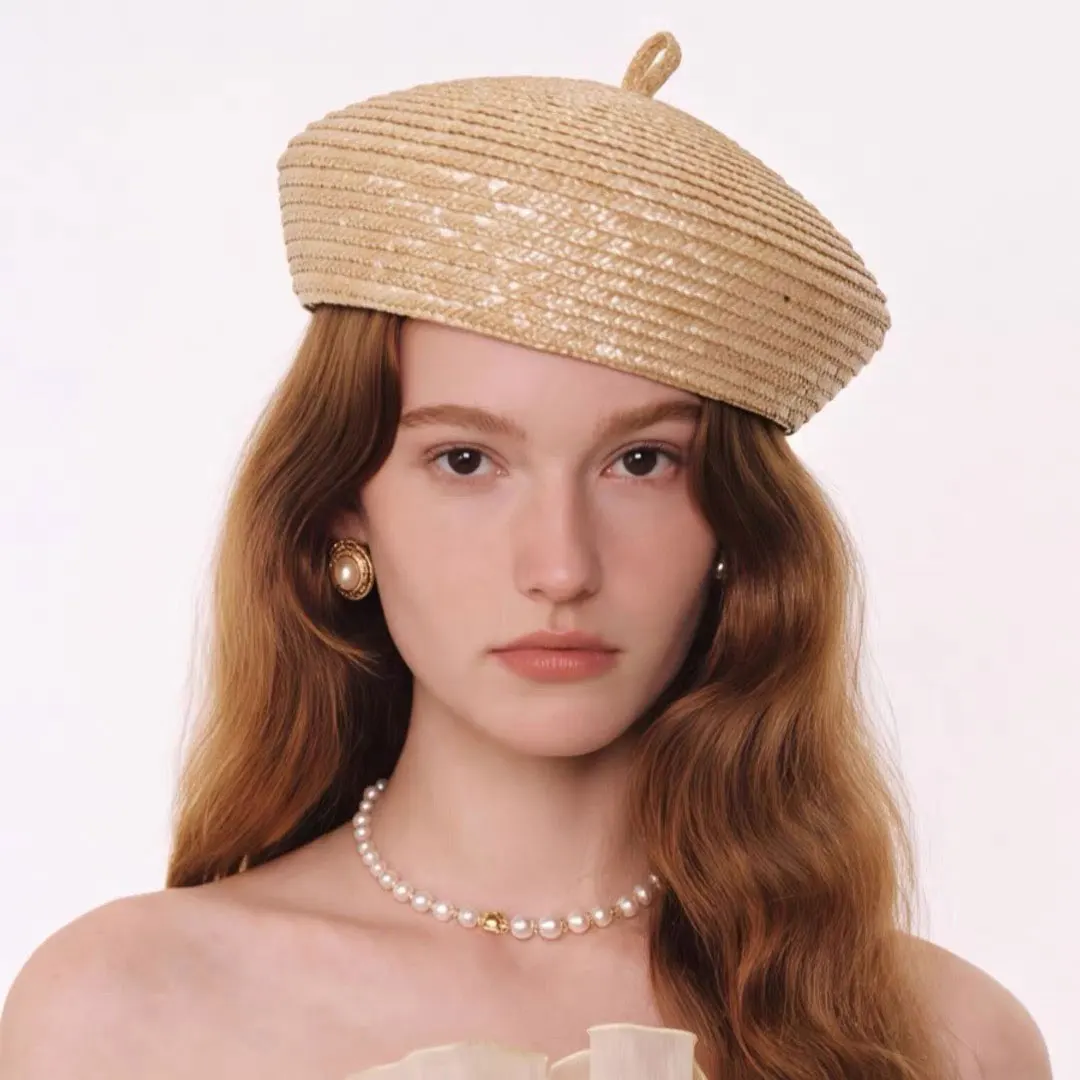 European American Retro Fashion Straw Woven Beret Hat For Women Summer Elegant French Retro Dome Beach Sun Hats Bonnet Enfant