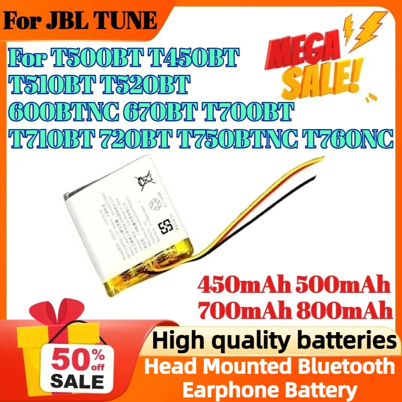 

Head Mounted Bluetooth Earphone Battery For JBL TUNE T500BT T450BT T510BT T520BT 600BTNC 670BT T700BT T710BT 720BT T750BTNC