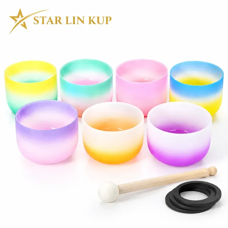 STAR LIN KUP 8 Inch Frosted Quartz Crystal Singing Bowl Candy Colored Chakra Sound Healing Instrument with Mallet for