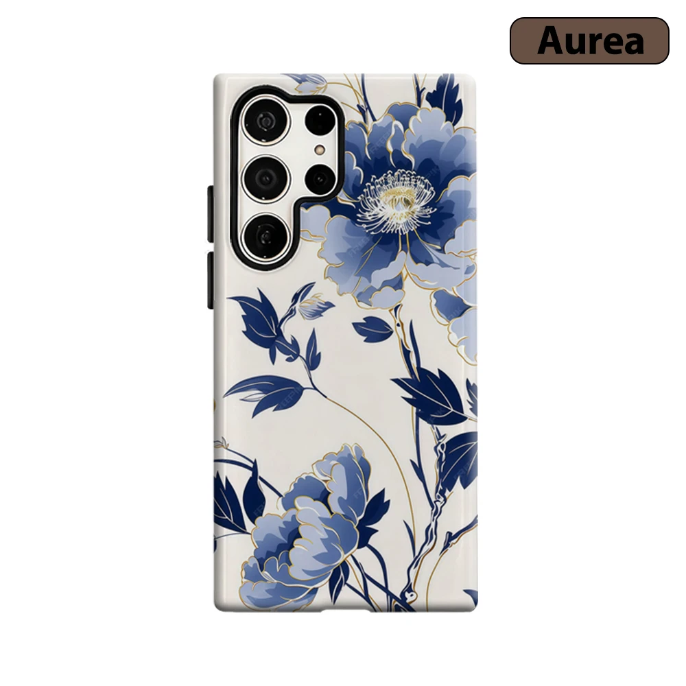 Blau-Goldene Blumenmuster Handyhülle für Samsung Galaxy S25 Ultra S24 S23 Ultra Plus Stoßfeste Doppelschicht Robuste Rückabdeckung
