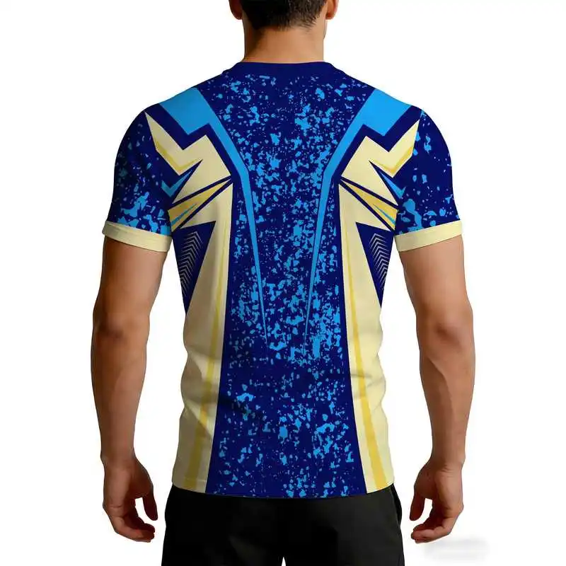 Men's High Elasticity Quick Dry Blue Yellow Ink Splatter Geometric Short Sleeve Fitness Shirt Slim Fit Muscle Definition Moistur