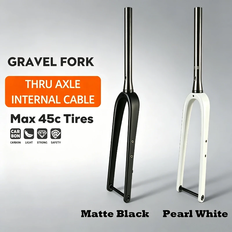 

T1000 Carbon Gravel Fork, Full Internal Cable Routing, Tapered Steerer, 700C x 45C Tire, 12x100mm Thru Axle, with Rack Mounting