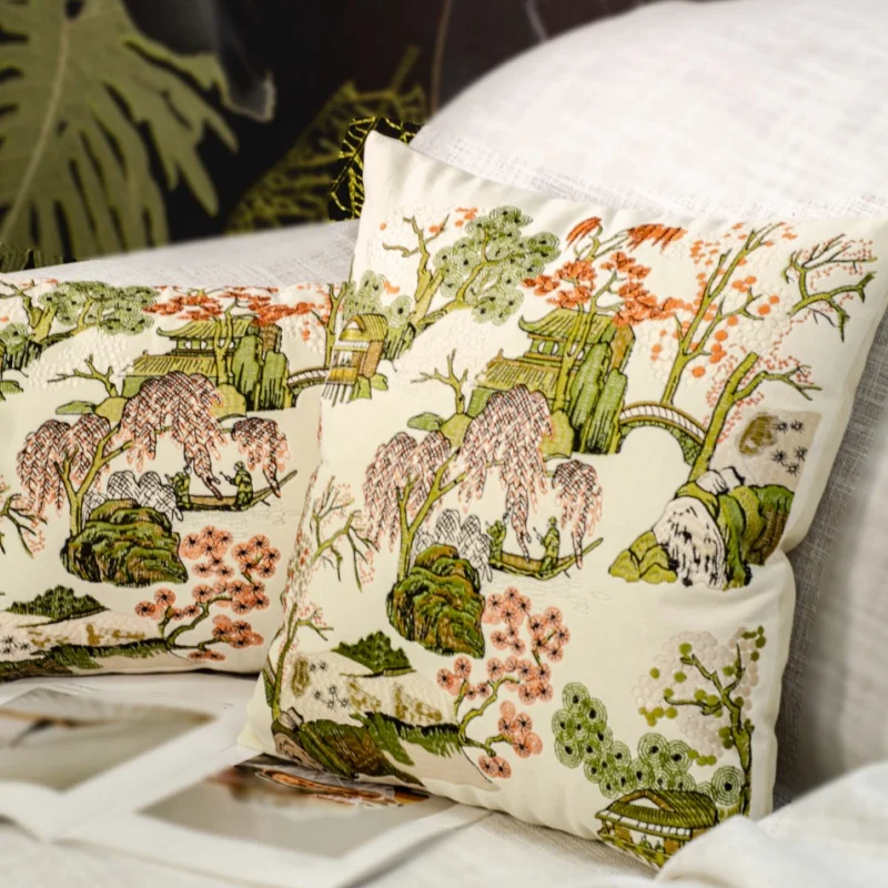 Chinese Landscape Pattern Cushion Cover Retro Art Pillowcase for Sofa Living Room Decor Square Throw Pillow Home Decoration