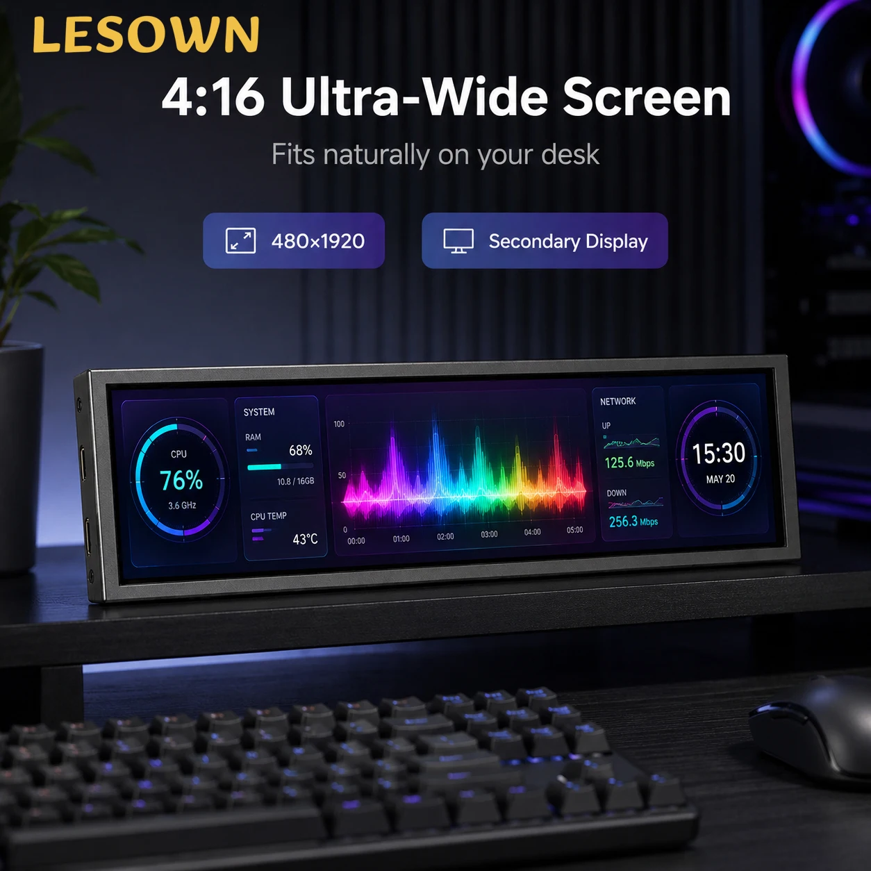 LESOWN Capacitive Touch PC Mod Screen 8.8' 480x1920 Aluminum External Monitor MiniHDMI for AIDA64 Setup