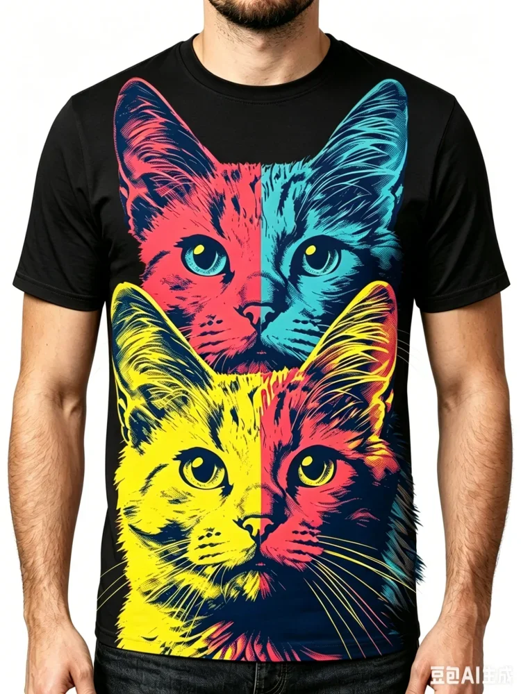 Herren Pop-Art Katzen-Print T-Shirt 3D Farbenfrohes Geteiltes Katzen-Grafik-Tee Lässiges Rundhals-Kurzarm-Sommer-Streetwear Herrenkleidung