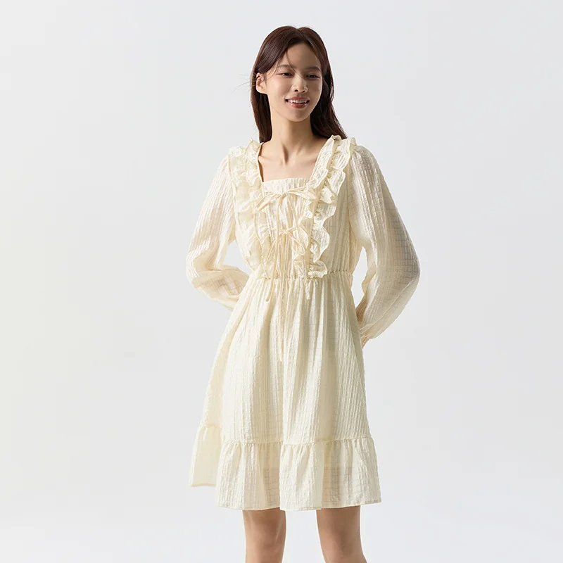 Semir 2024 Dress Women Ruffled Bow Romantic Spring New Sweet Square Neck Textured Skirts Women