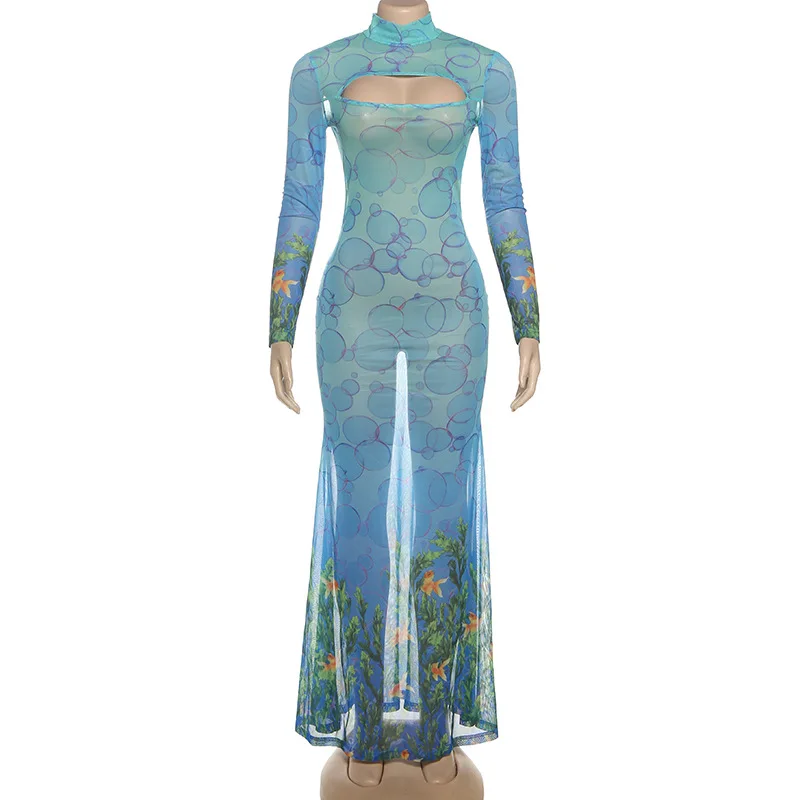 Sukienka maxi syrenka z siateczki z wycięciami i nadrukiem ryb, damska seksowna sukienka bodycon z golfem i długim rękawem na imprezę.