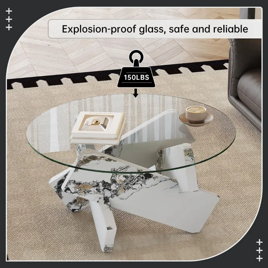 White Round Glass Coffee Table33Inch Small Modern for Living Room Clear Circle Accent Table Adapts to Farmhouse and Contemporar