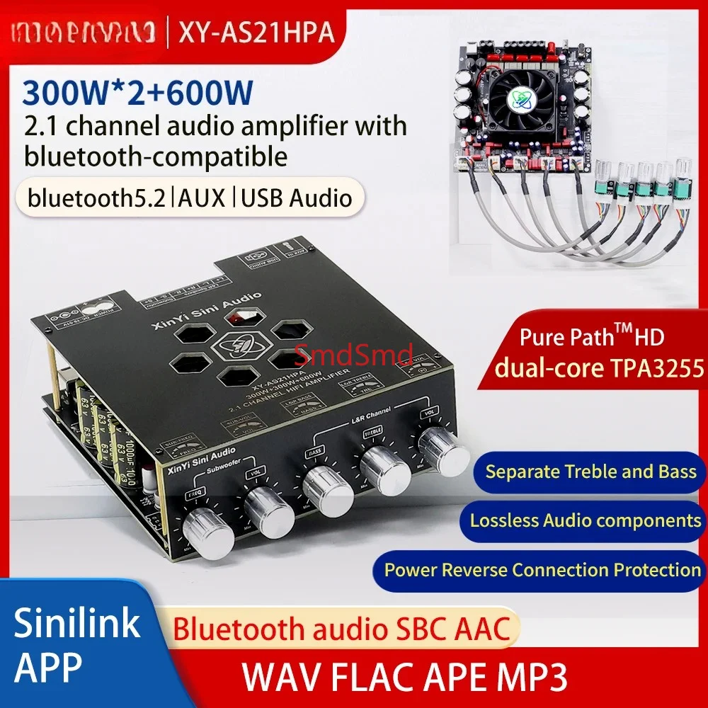 AS21 TPA3255  Bluetooth 5.2 2.1 Channel Power Audio Stereo Subwoofer Amplifier Board 300WX2+600W TREBLE Bass note tuning AMP