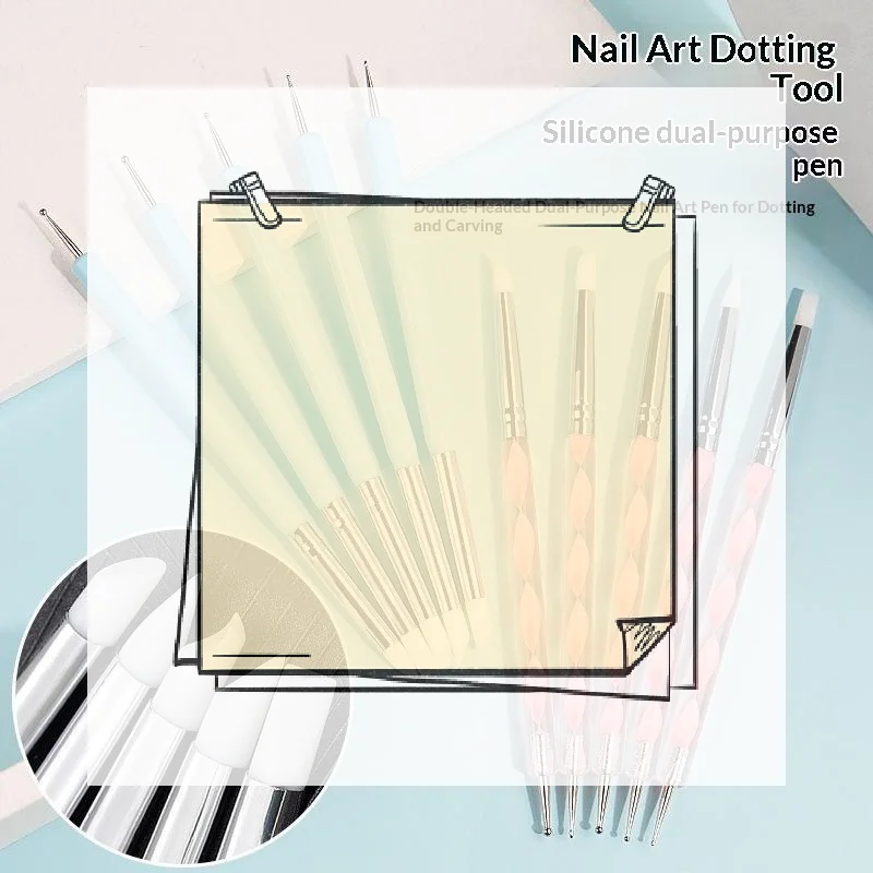 5Pcs Marbleizing Painting Pens 2 Way Nail Art Acrylic Silicone Point Flower Nail Pen Stainless Steel Dotting Tools