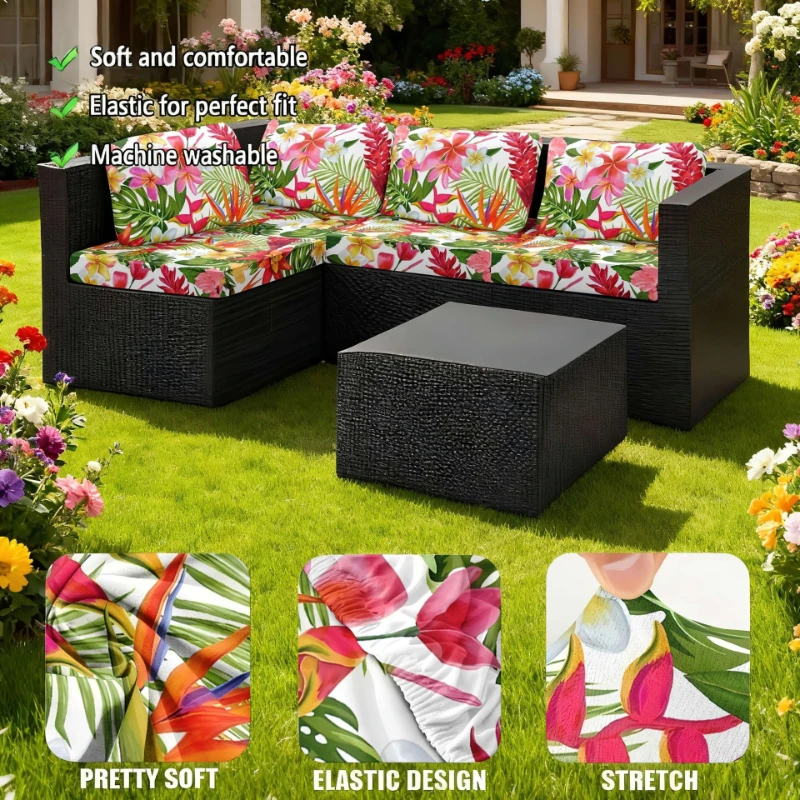 4/6/8PCS Tropical Pattern Outdoor Sofa Cushion Cover Elastic Stretch Sofa Slipcover Non-Slip Sofa Seat Cover for Garden Patio
