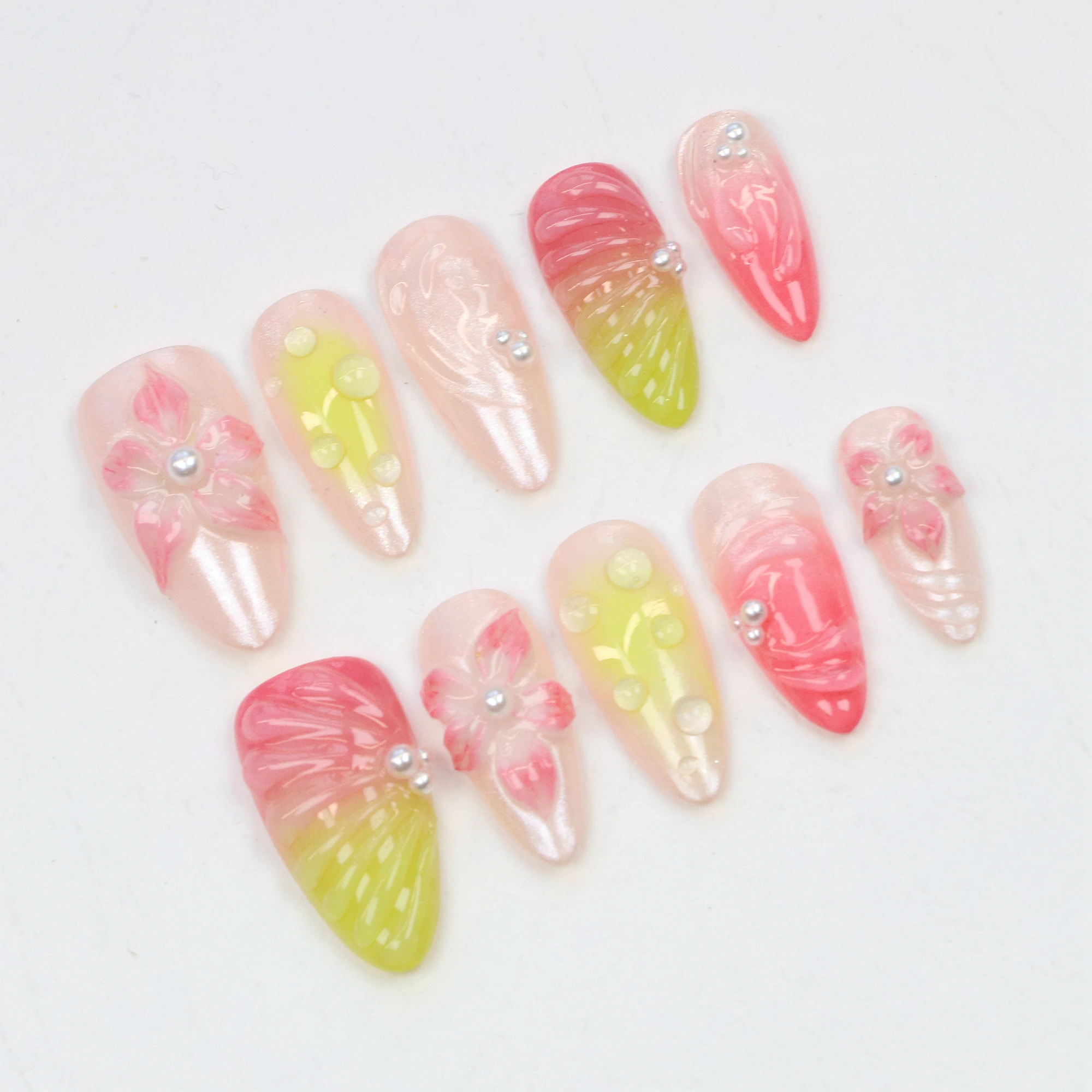 10pcs Custom Design 3D Press Flowers Handpainted nails,Dreamy FreeStyle Y2K Gel Fake Nails for Birthday Vacation Holiday Cute