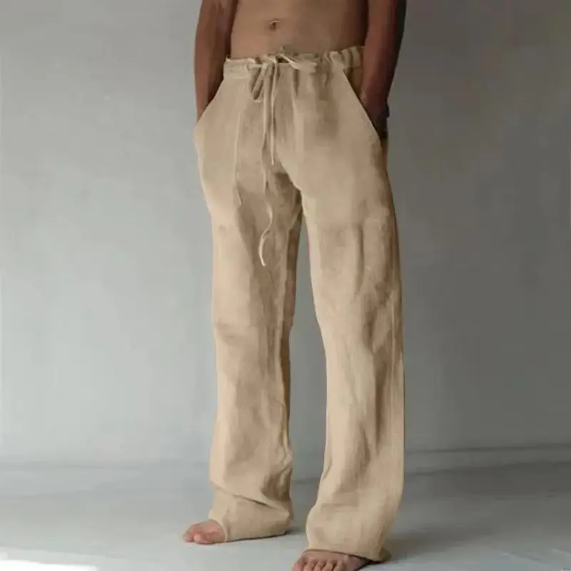 

Men's Linen Casual Pants Elastic Waist Beach Pants Lightweight Drawstring Summer Yoga Pants Solid Color Beach Pants