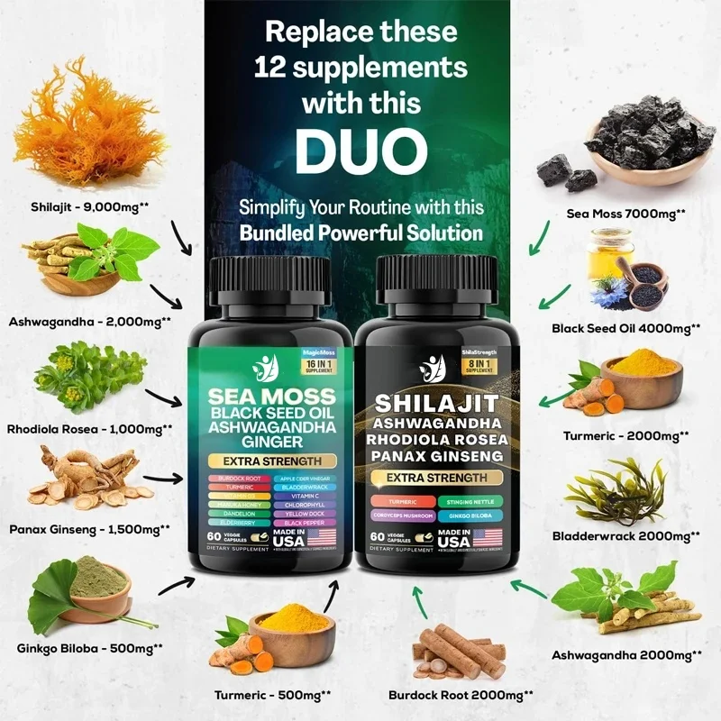 The Seaweed+shilajit Two-piece Set Includes 180 Capsules Of Black Seed Oil, Turmeric, Etc.,providing 8-in-1 And 16-in-1 Formulas