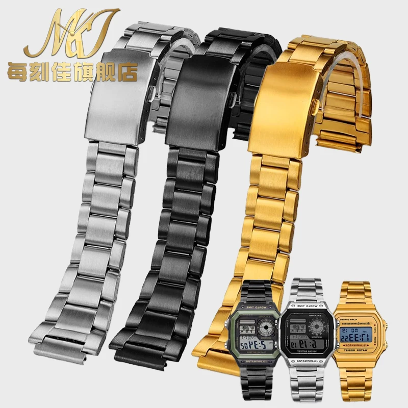 Stainless steel watchstrap For CASIO AE1200 AE1300 AE1500 A158/168/F91 18mm ultralight refined metal silver gold black watchband