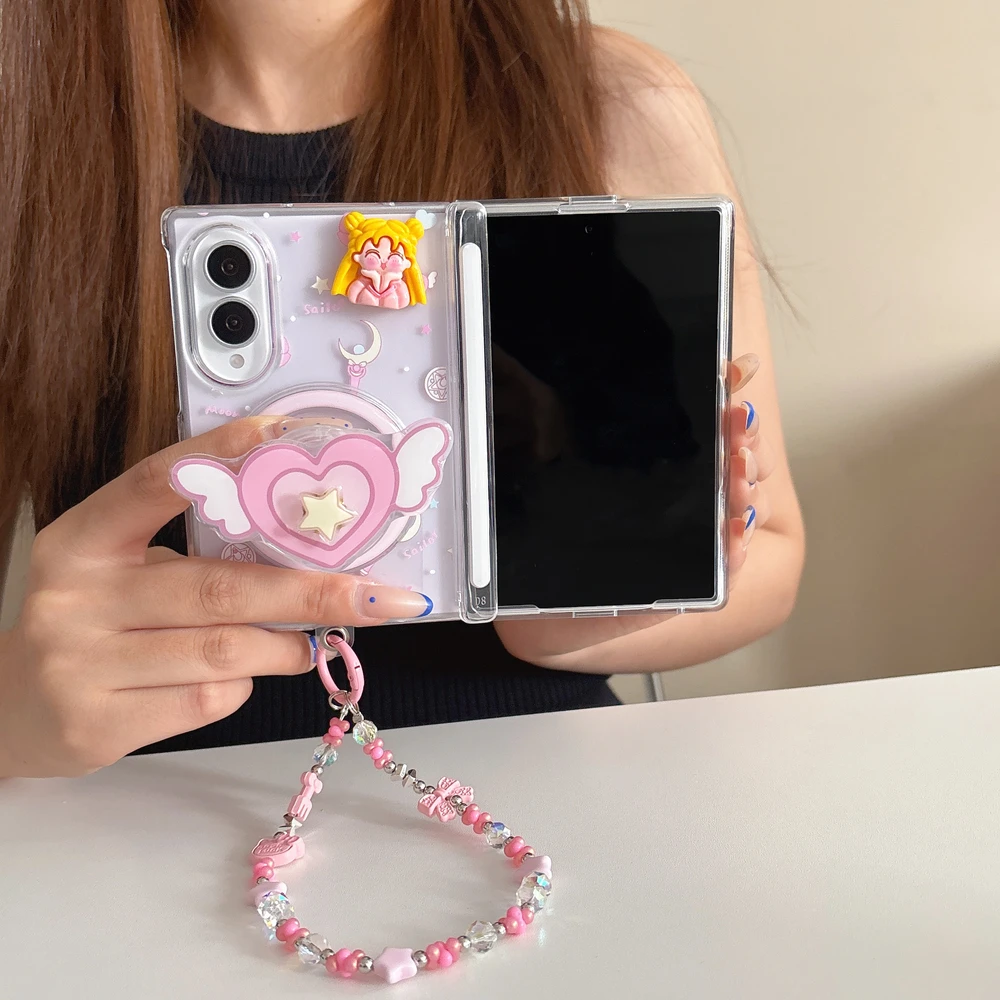Cute Anime Sailor Moon Magic Wand Magnetic Holder Wireless Charge Phone Case For Samsung Galaxy Z Fold 8 7 Ultra Hard Cover
