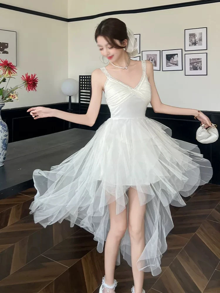 Princess Style A-Line Dress Lace Trim Mesh Paneling Waist Cinch Summer Casual V-Neck Sleeveless Commute Wind Irregular Skirt
