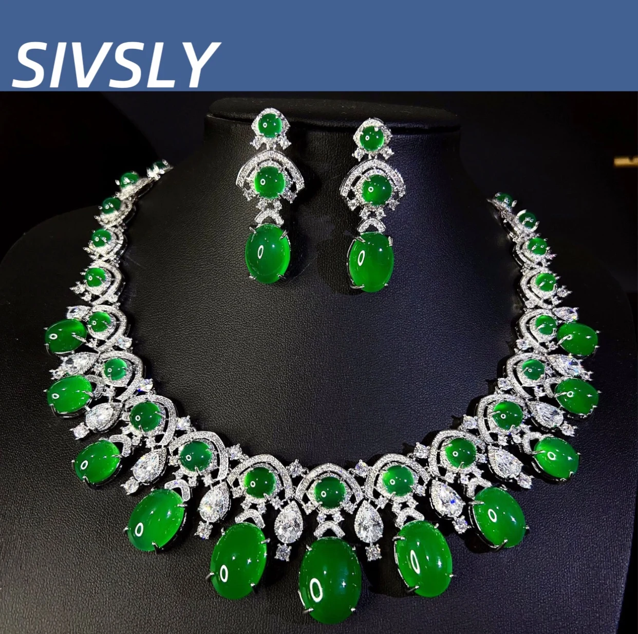 

Emerald agate zircon necklace and earrings set, classic design, luxurious court style earrings and necklace