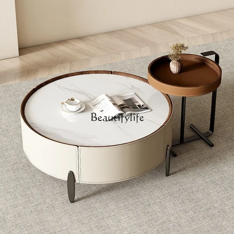 Round Italian simple saddle leather high-footed rock slab coffee table small apartment coffee table combination