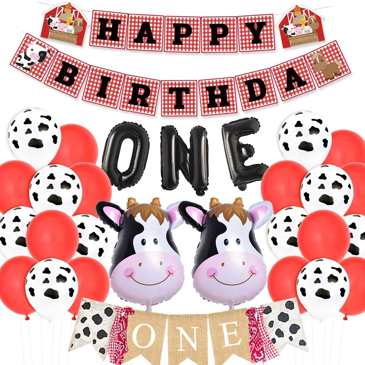 

Cow Farm Theme Party Decorations, Happy Birthday Banner, Foil Balloon Set, Animal, First Birthday Supplies