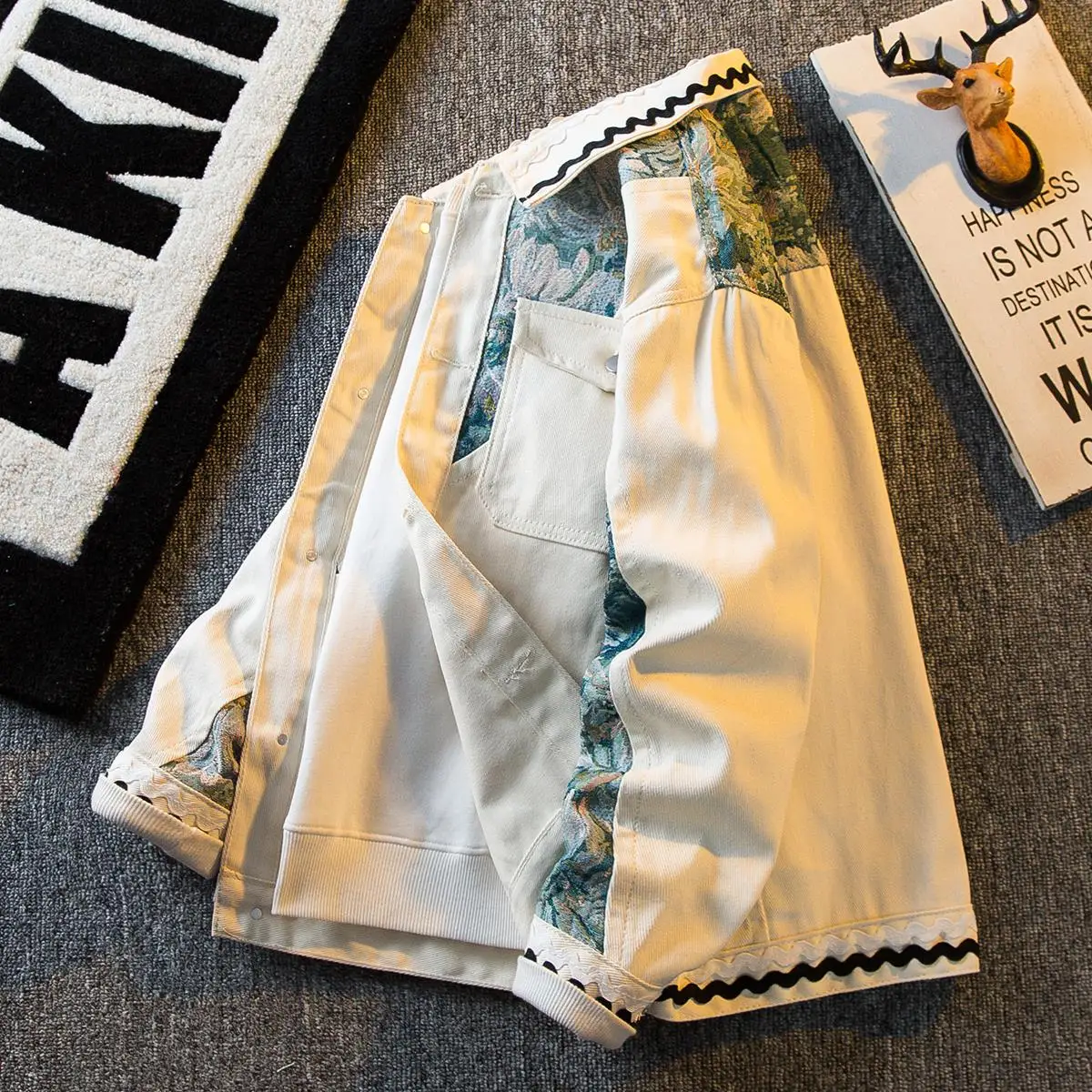 

Heavy Embroidery Denim Jaet Men's Casual Sle Patchwork Workwear Loose Fit Youth Trend Autumn Outerwear Windproof Long Sve