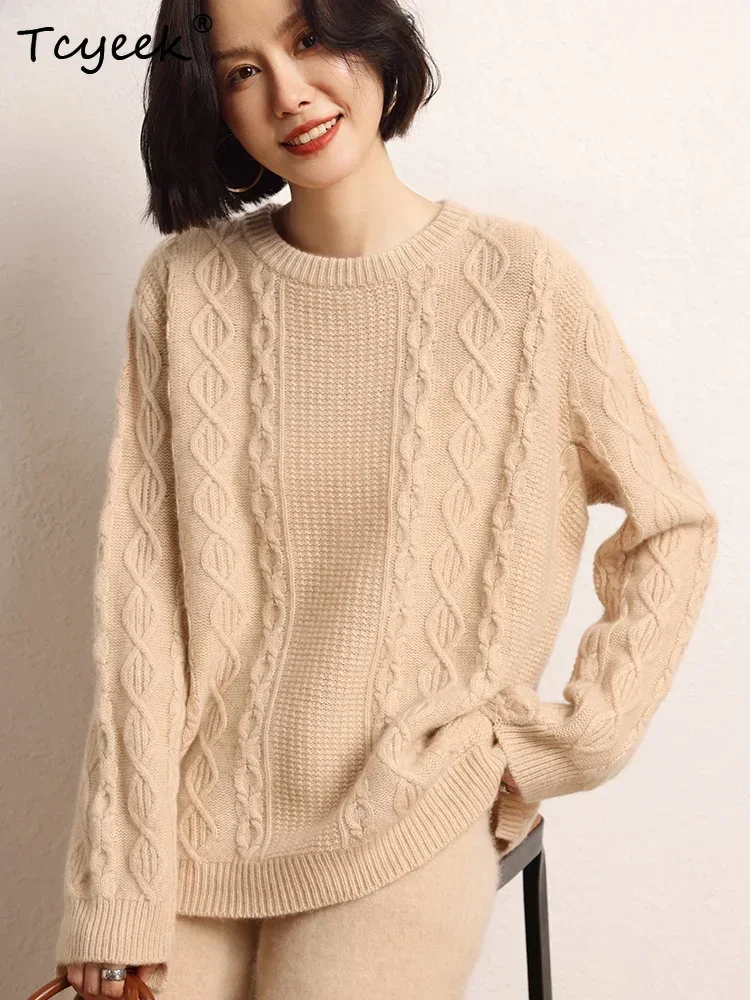 Autumn Winter Sweater Pullover Office Women Pullover Clothing 100% Cashmere Sweater O-Neck Soft Knitwear Loose Vintage Jacquard