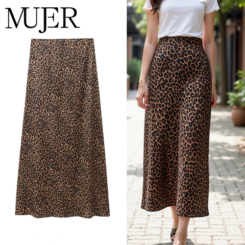 MUJER Falda larga con estampado de leopardo, faldas por debajo de la rodilla de cintura alta para mujer, faldas drapeadas Vintage para mujer, Falda recta de moda para mujer