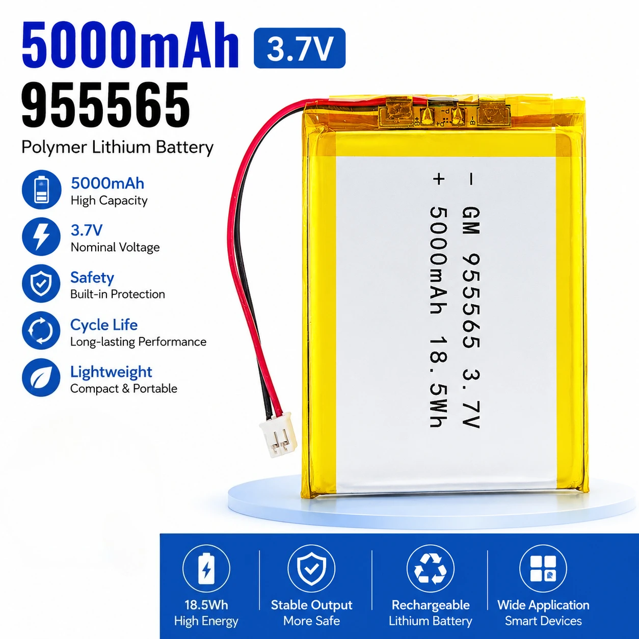 3.7V 5000mAh 955565 Polymer Lithium Battery PH 2.0 2Pin Plug Rechargeable LiPo Battery for Smart Home Devices Mobile Power