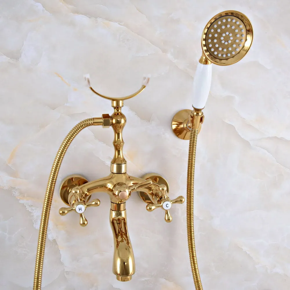 Luxury Gold Color Brass Wall Mounted Bathroom Bath Tub Faucet Set with 1500MM Hand Held Shower Spray Mixer Tap 2na948