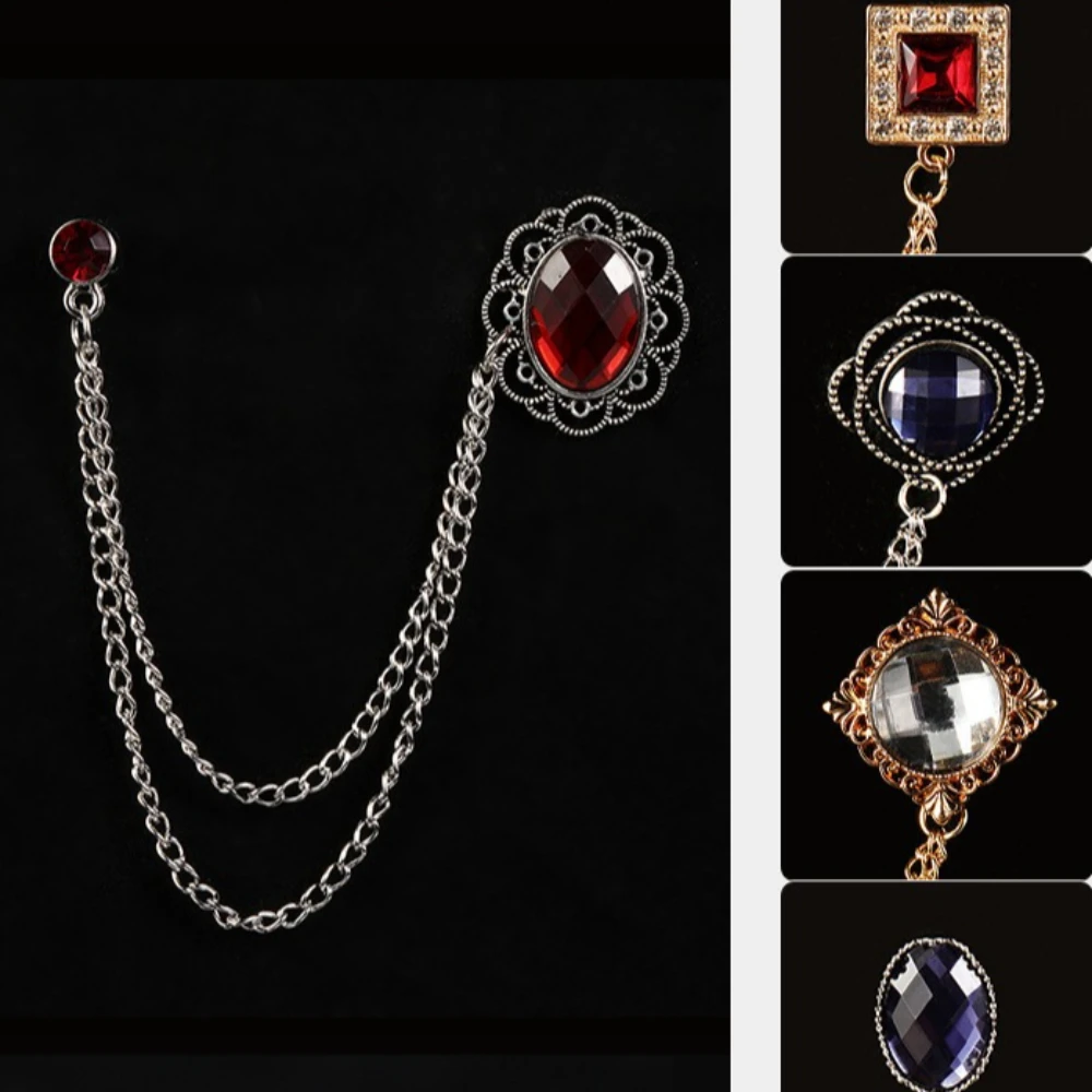 

Rhinestone Men's Suit Shirt Tassel Chain Lapel Pin & Brooch Set Luxury Bling Jewelry for Formal Wear, Groom Wedding Accessories