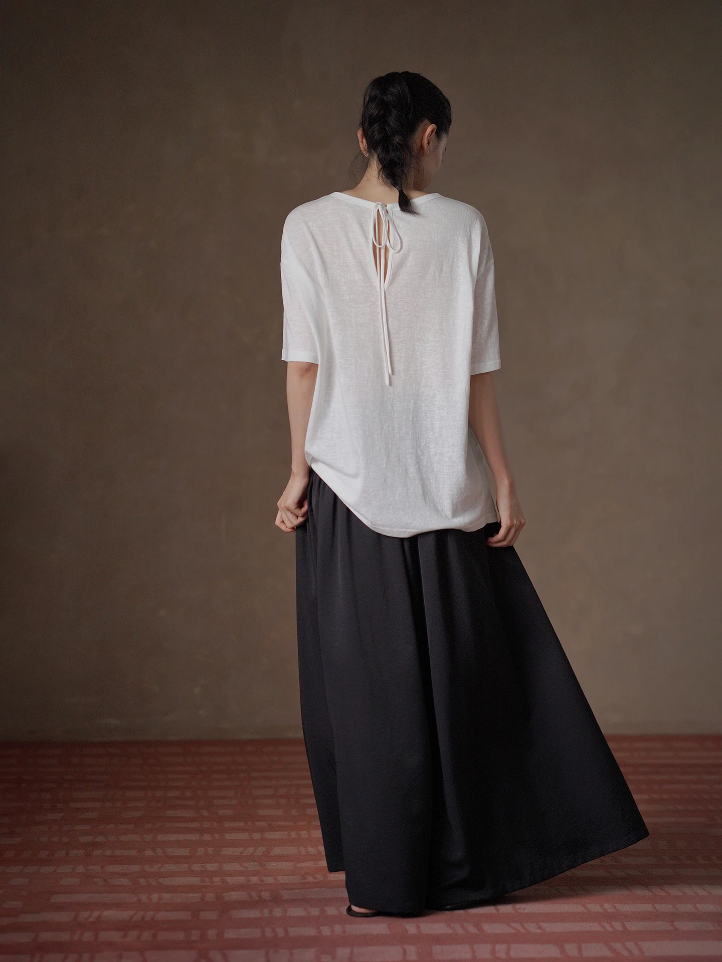 Hacikis Miss High-Quality Silk Linen Blend Lightweight Cool Texture Loose Slimming Belted Short Sleeve T-Shirt Casual Style S...