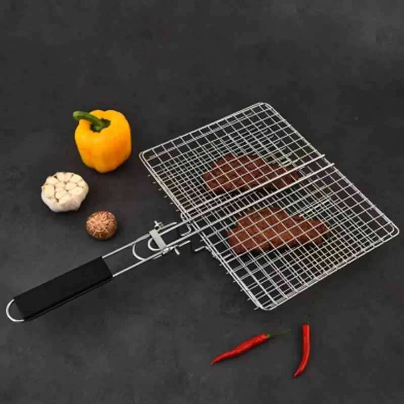 مشبك شواء بمقبض قابل للطي من الفولاذ المقاوم للصدأ، مشبك سمك مشوي متعدد الوظائف في الهواء الطلق، شواء دجاج مشوي، شواية الذرة #3