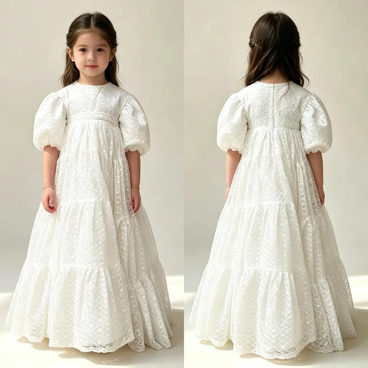 Custom White Flower Girl Dress for First Communion, Long Sleeve Lace Puff Sleeve Tiered Gown, Customizable Kids Wedding Party Dr