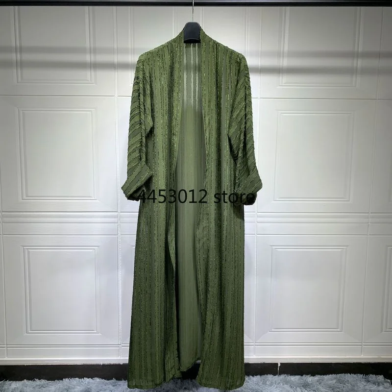 Green Clipped Jacquard Open Abaya Kimono for Muslim Women,Islam Clothing,Dubai,Saudi Robe,Turkish Modest Outfit,Outerwear,Kaftan